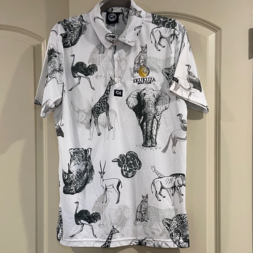 White Safari Print Golf Polo Shirt - Men Medium